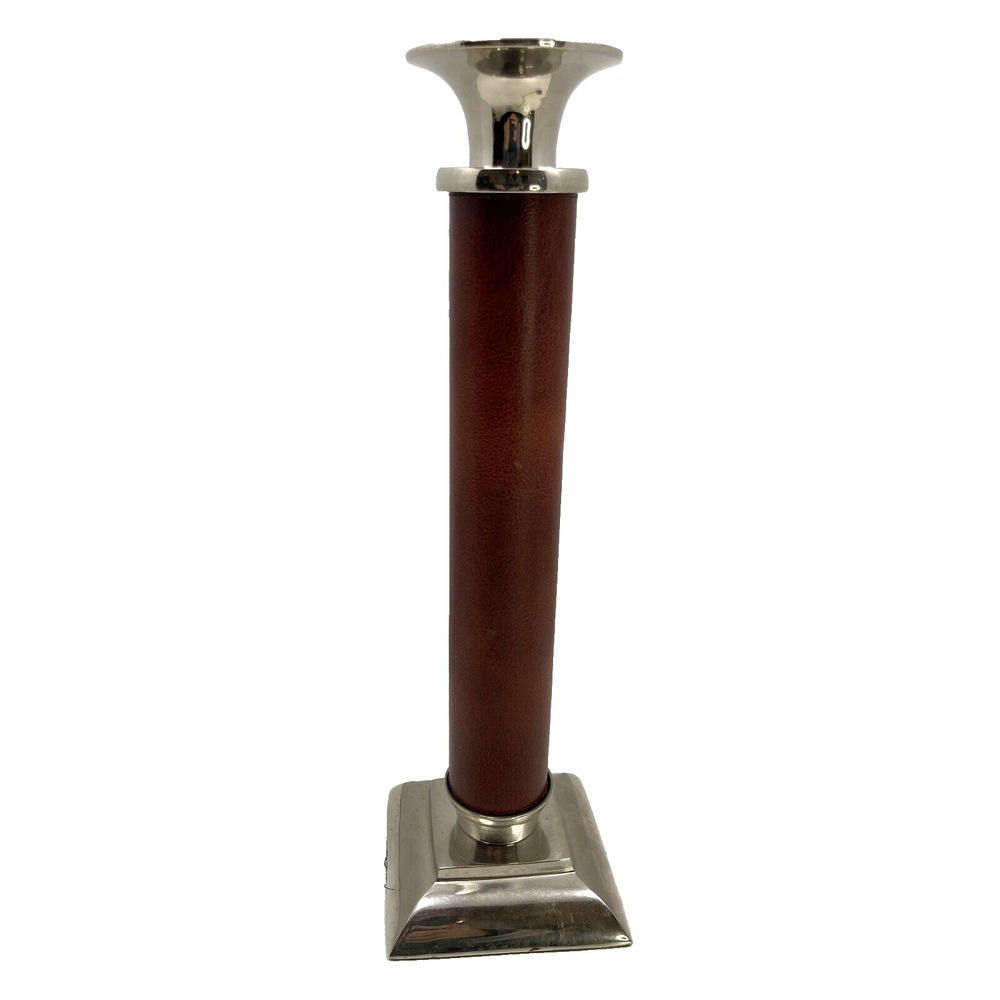 MCM Leather And Metal Silver Toned Candle Stick Lodge 12in